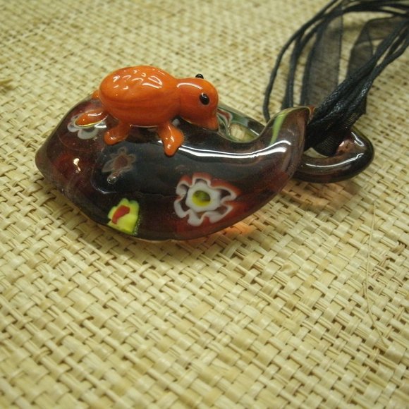 Murano Glass Turtle & Flowers Pendant Necklace - Picture 5 of 16